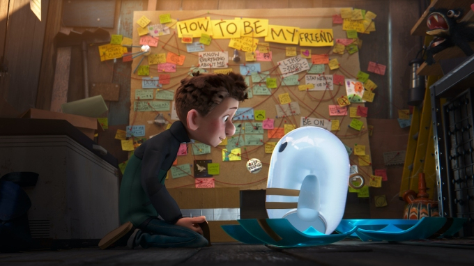 Barney, voiced by Jack Dylan Grazer, comes face to face with the little blue android Ron, voiced by Zach Galifianakis, in front of a wall filled with sticky notes that reads "How to be my friend' in the new animated film RON'S GONE WRONG.