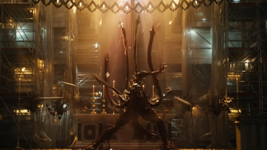 Carnage sticks out all of his tentacles from his back and shoots symbiote spears while standing in the middle of a church as seen in VENOM: LET THERE BE CARNAGE written by Kelly Marcel and directed by Andy Serkis. 