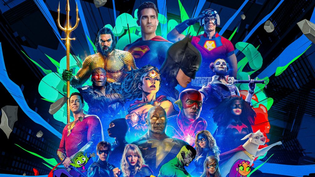 The official poster for DC FanDome 2021 featuring THE BATMAN, PEACEMAKER, AQUAMAN, THE FLASH, SHAZAM, DOOM PATROL, WONDER WOMAN, and more DC heroes.