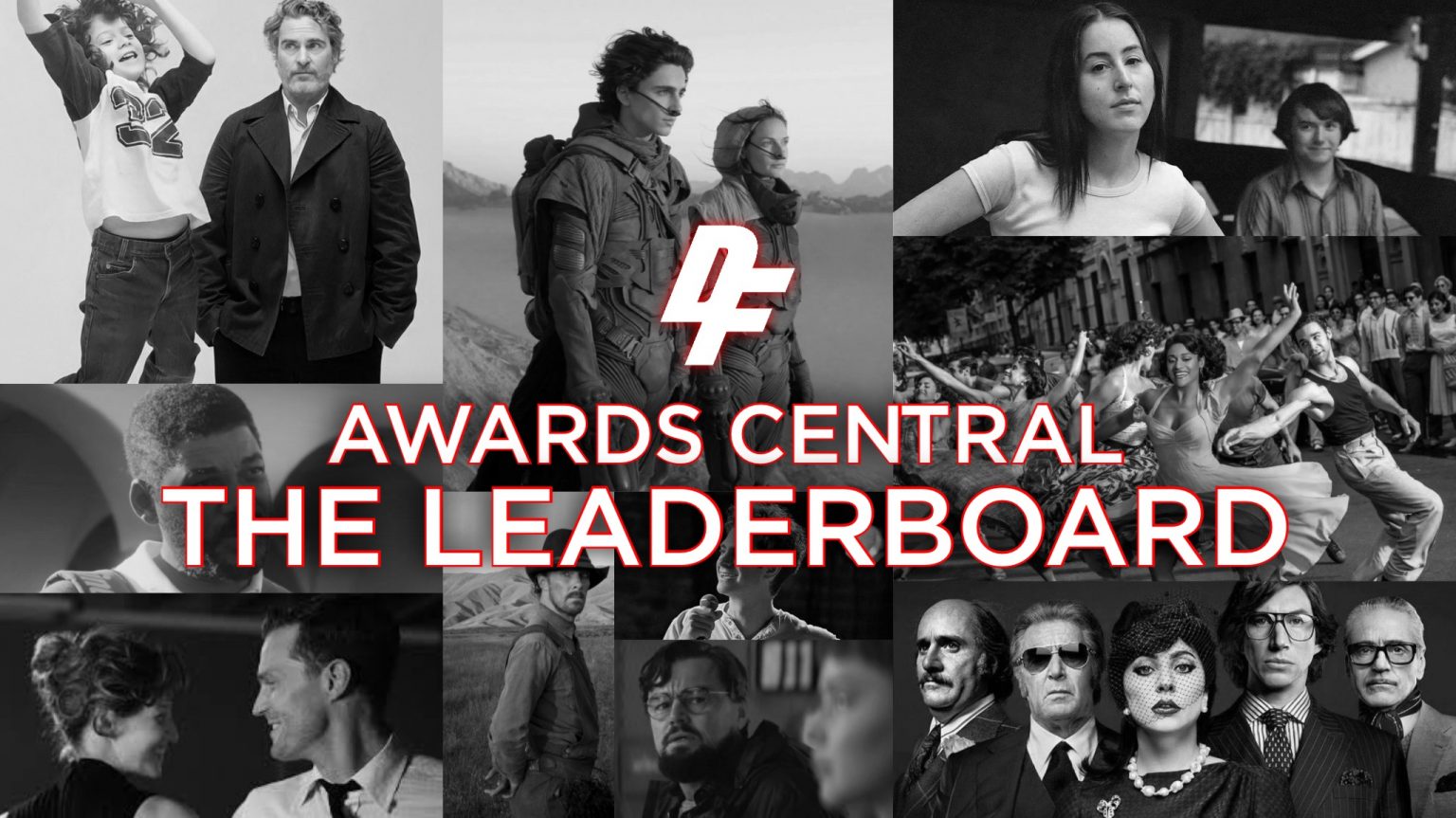 A collage of potential 2022 Oscar contenders like DUNE, LICORICE PIZZA, HOUSE OF GUCCI, BELFAST, KING RICHARD, SPENCER, WEST SIDE STORY and more for the DiscussingFilm leaderboard of updated predictions, part of the DF Awards Central.