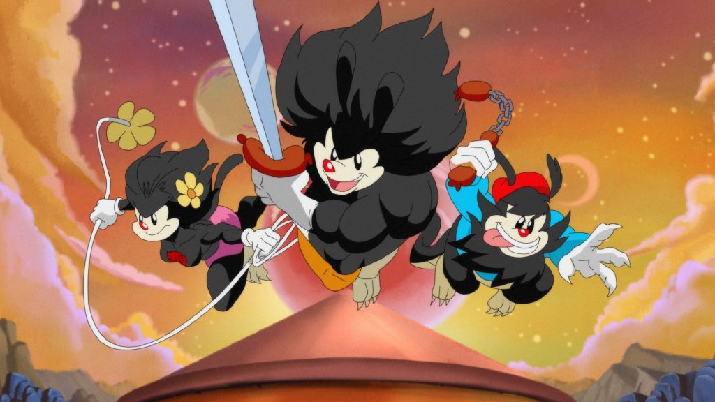 Yakko, Wakko, and Dot parody the ThunderCats in an 80s animation style as seen in season 2 of ANIMANIACS, coming to Hulu November 2021.