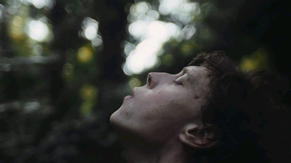 A close up of George MacKay as he howls into the sky in the middle of a forest as seen in the new experimental indie drama WOLF.