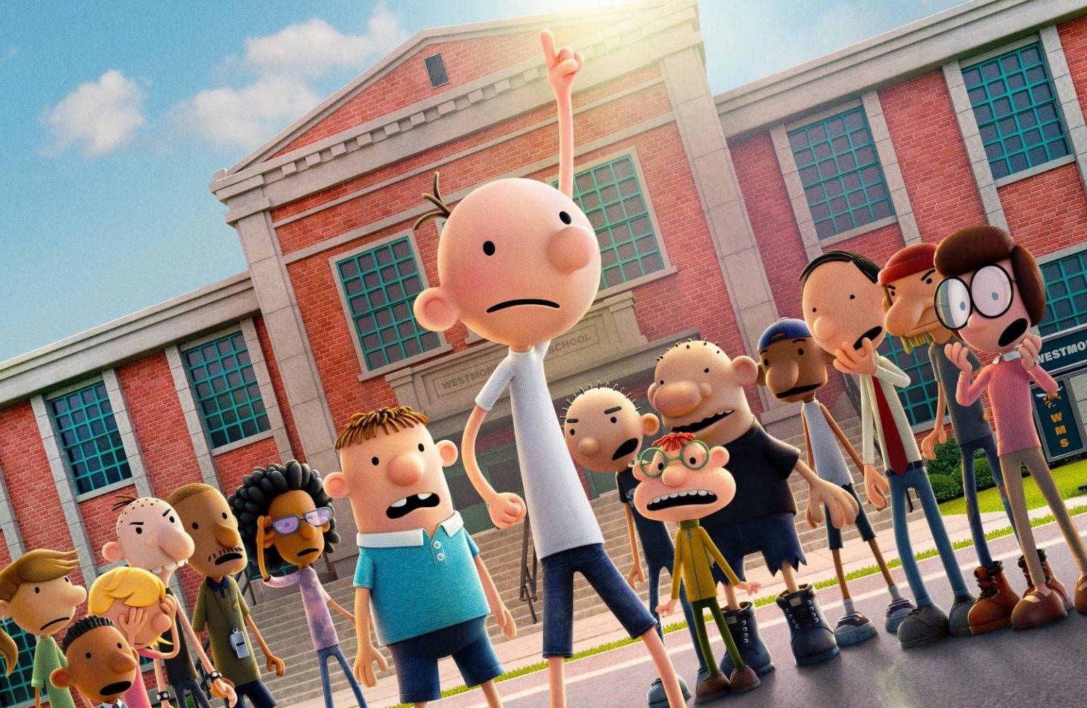Greg Heffley poses and points his finger to the sky in front of a school surrounded by Rowley and the main cast of DIARY OF A WIMPY KID on Disney+