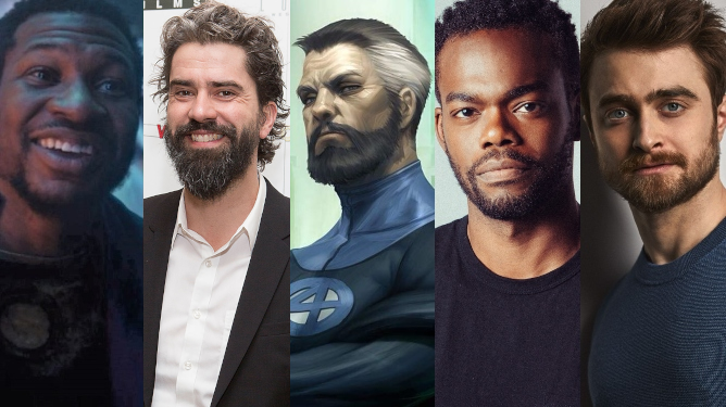 Reed Richards from the Fantastic Four next to our top choices on who should play him in the MCU: Jonathan Majors, Hamish Linklater, William jackson Harper, and Daniel Radcliffe.