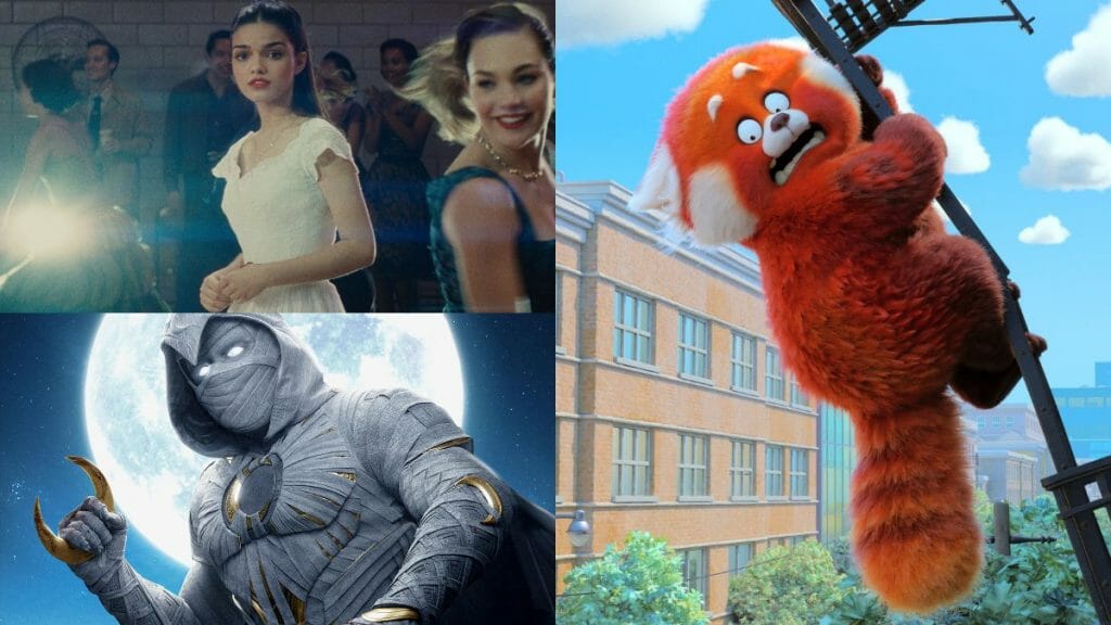 A collage of West Side Story, Moon Knight, and the latest Pixar film Turning Red all coming to Disney+ in March 2022!