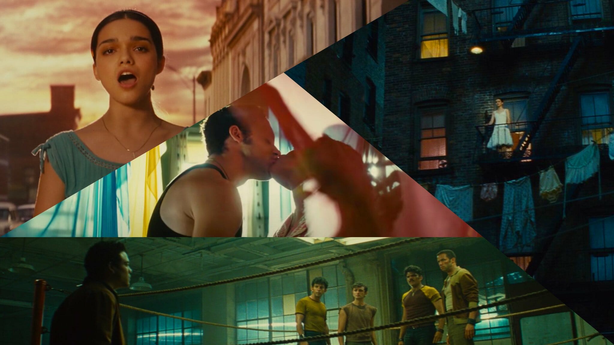 An aperture collage of cinematographer Janusz Kamiński's vibrant colors seen in WEST SIDE STORY, including the now iconic shots of Maria on the balcony and Bernardo and Anita kissing around colorful fabrics in the sunlight.  
