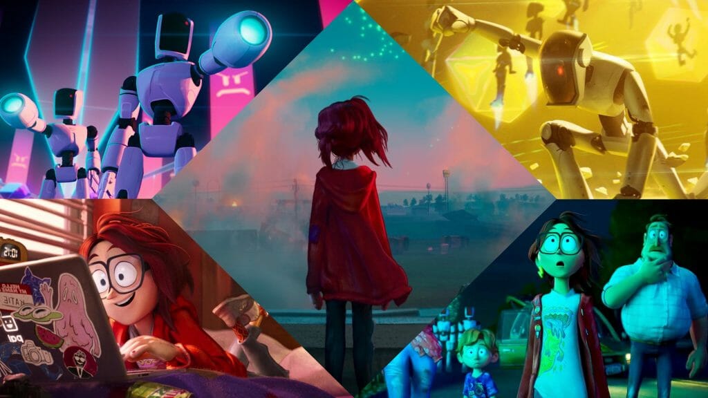 Katie Mitchell stands in the center of a collage from the many colorful visuals of the Oscar-nominated animated film THE MITCHELLS VS. THE MACHINES, directed by Michael Rianda and produced by Phil Lord and Chris Miller.
