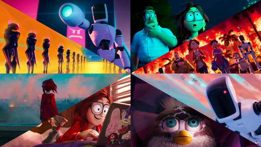 A collage of the many vibrant visuals and colorful characters of the Oscar-nominated film THE MITCHELLS VS. THE MACHINES directed by Michael Rianda. 