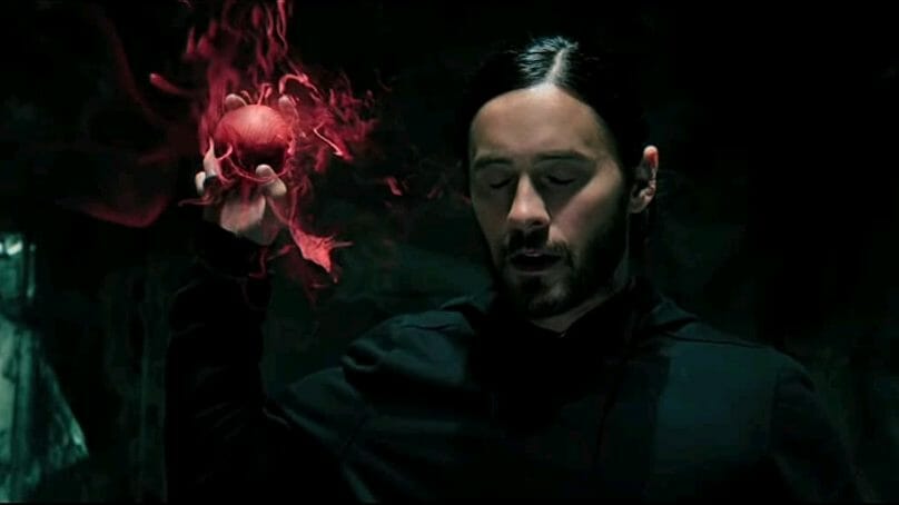 Jared Leto tests his new vampire powers by throwing a powered up red bouncing ball in the new Sony Marvel film MORBIUS.