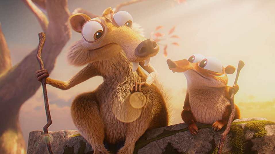 Scrat the saber-toothed squirrel and his new son Baby Scrat bond together while holding sticks and sitting on a log as seen in ICE AGE: SCRAT TALES which is new on Disney+ in April 2022.