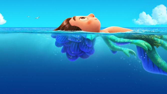 Luca floats face-up in the sea, the half of his body underneath the water has taken on its sea monster characteristics while the half above is human. 