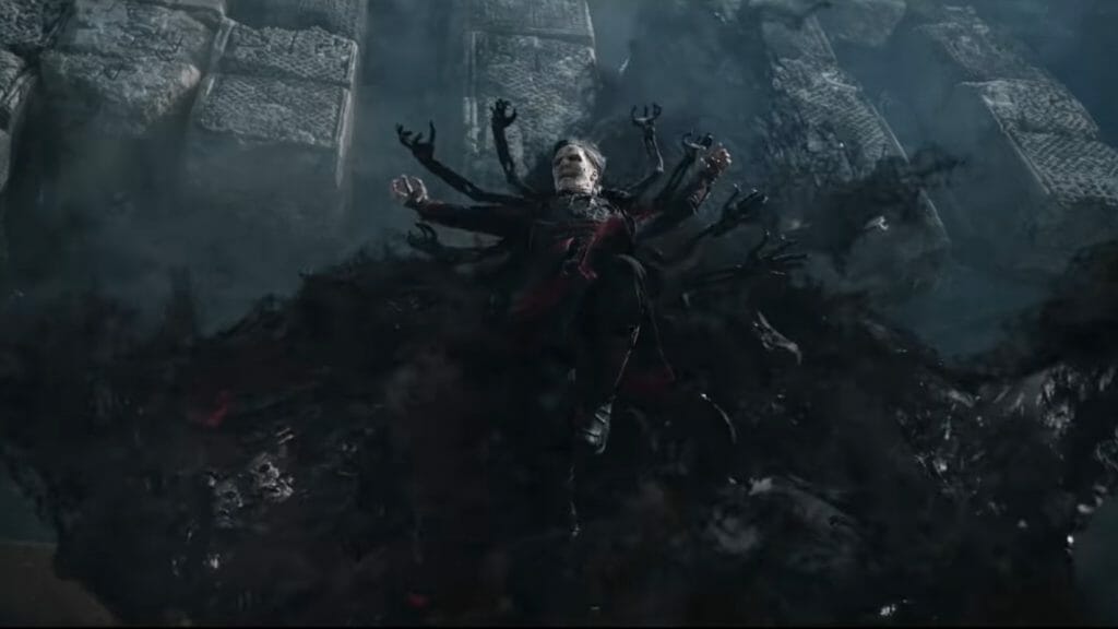 Stephen Strange resurrects as a zombie and uses dark magic to harness black demon souls to form a new cloak of levitation in DOCTOR STRANGE IN THE MULTIVERSE OF MADNESS directed by Sam Raimi.