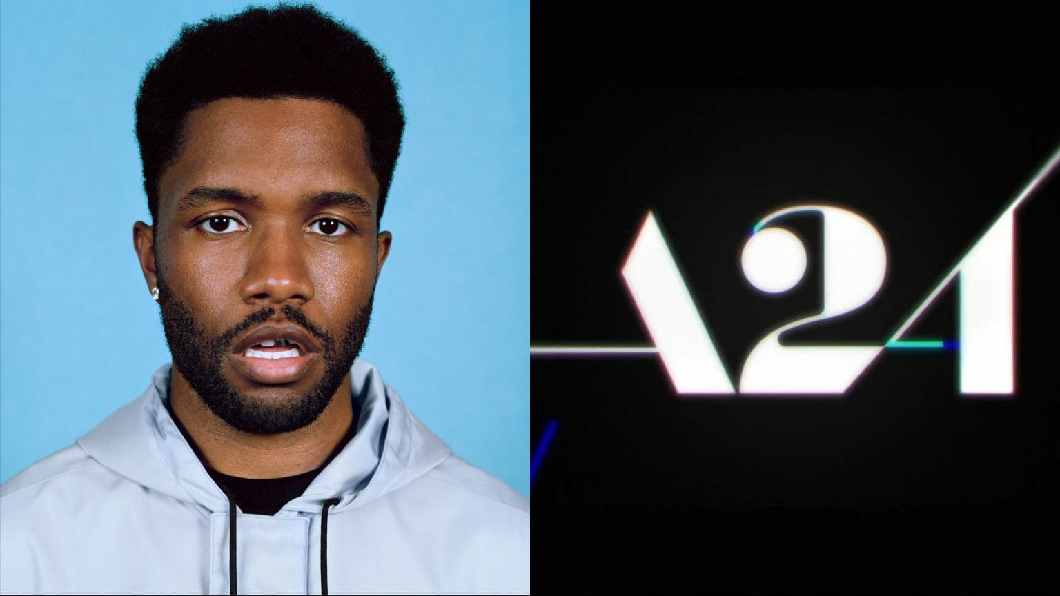 Grammy-winning artist Frank Ocean next to the official black and white A24 film studio logo.