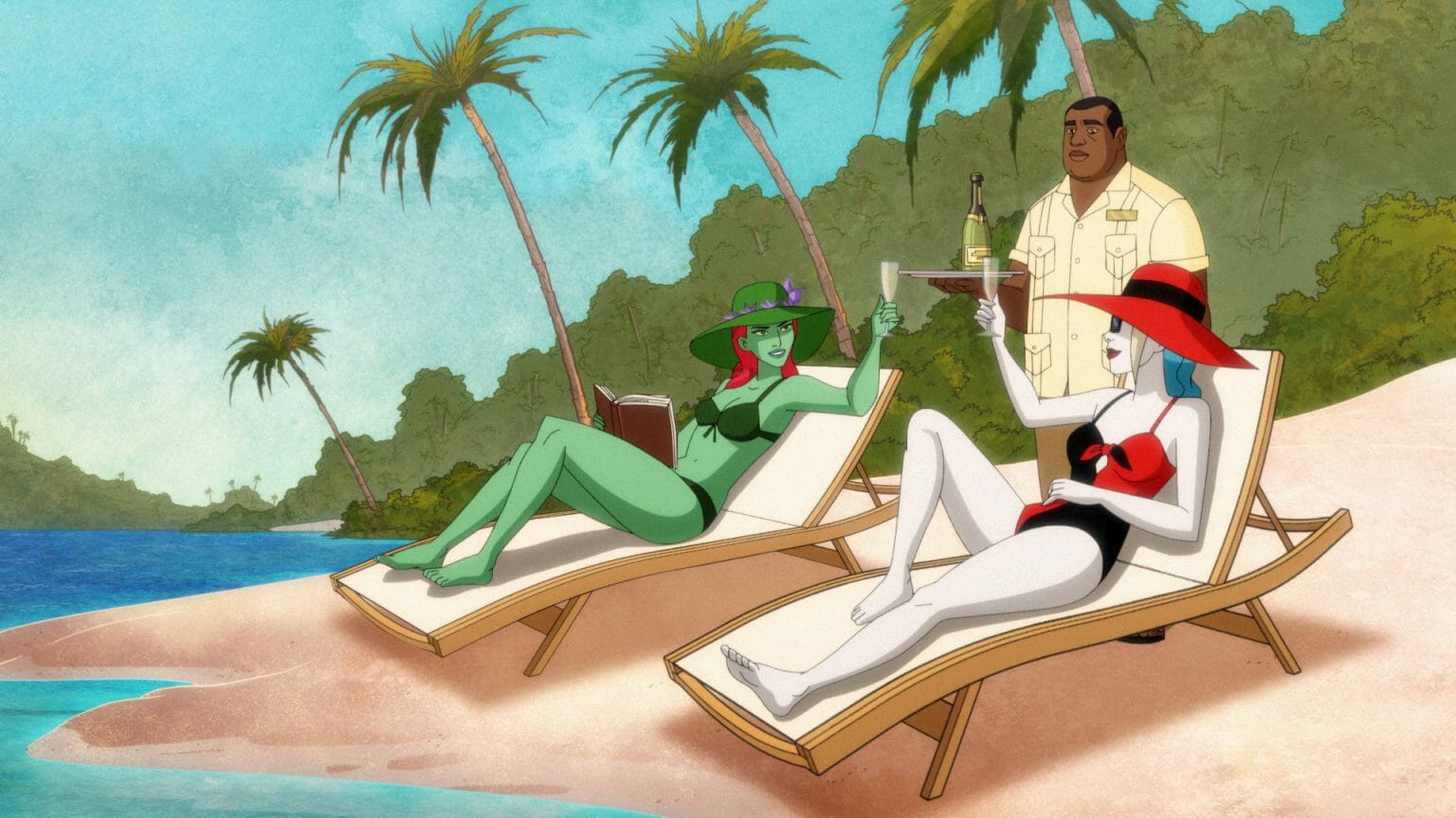 Poison Ivy and Harley Quinn share a toast as they are served champagne on a relaxing beach as part of their Eat. Bang! Kill. tour in HARLEY QUINN Season 3.