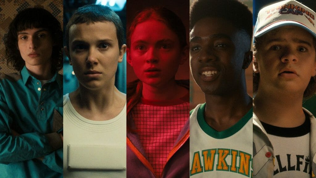 A character collage of Mike, Eleven, Max, Lucas, and Dustin from STRANGER THINGS 4.