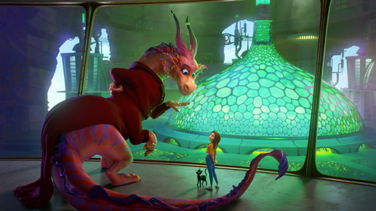 Babe the Dragon CEO of the Land of Luck voiced by Jane Fonda takes young girl Sam and Bob the talking black cat to the well of good luck in the Skydance animation feature film LUCK on AppleTV+.