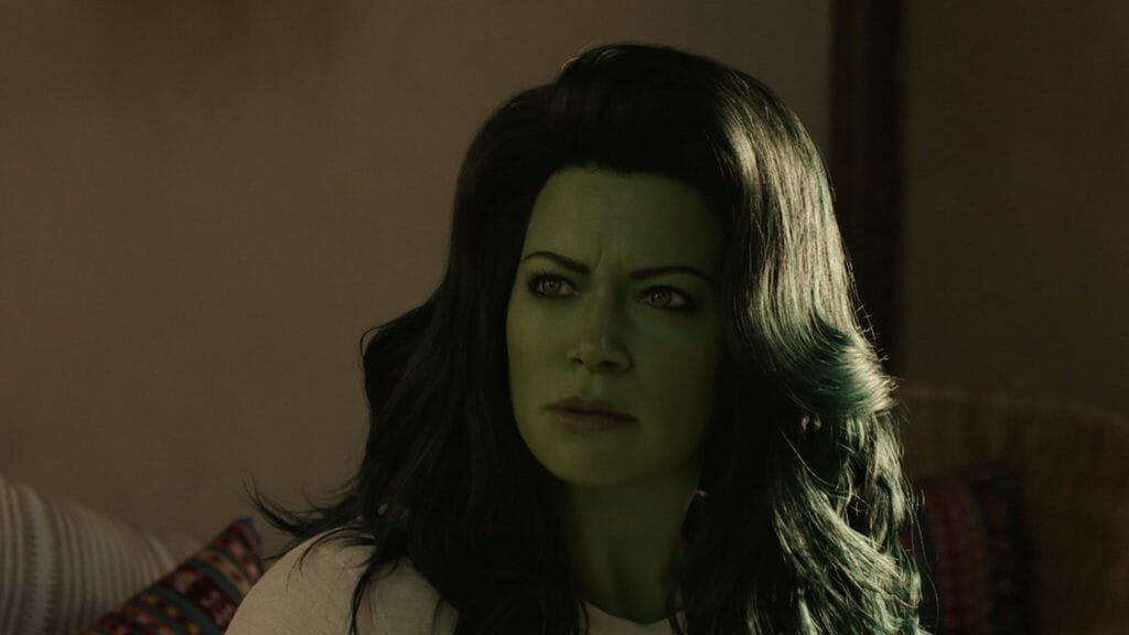 Tatiana Maslany wakes up from bed in anger as the She-Hulk in the Marvel Disney+ series SHE-HULK: ATTORNEY AT LAW.