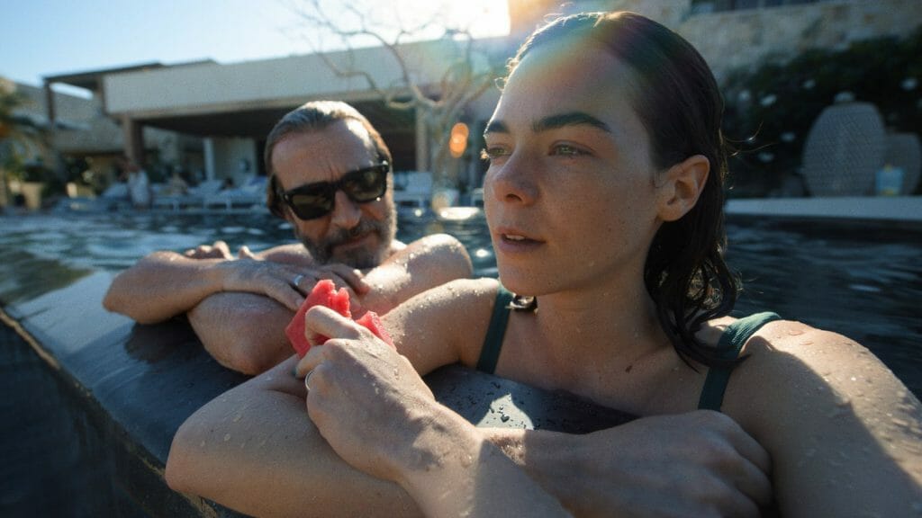 Daniel Gimenez Cacho and Ximena Lamadrid have a heart to heart conversation together as father and daughter while swimming in a pool in BARDO, FALSE CHRONICLE OF A HANDFUL OF TRUTHS.