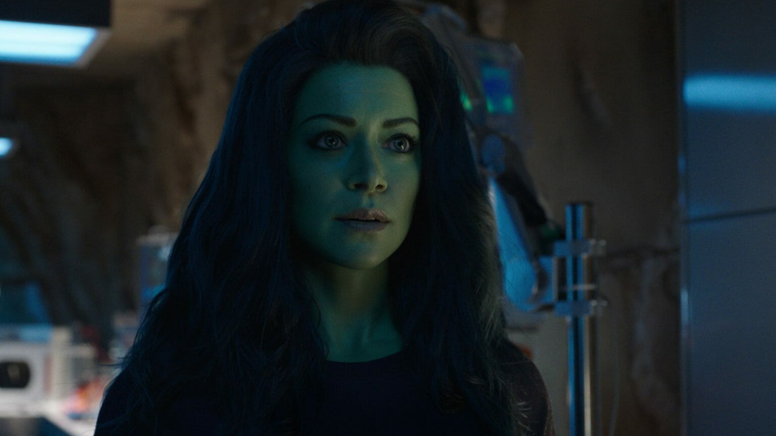 Jennifer Walters played by Tatiana Maslany tests her new powers in Bruce Banner's secret lab as seen in the Disney+ show.