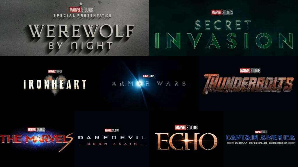 A collage of all the new film and show logos that Marvel Studios revealed at the 2022 D23 Expo, including ECHO, DAREDEVIL: BORN AGAIN, WEREWOLF BY NIGHT, IRONHEART, ARMOR WARS, THE MARVELS, SECRET INVASION, & more!