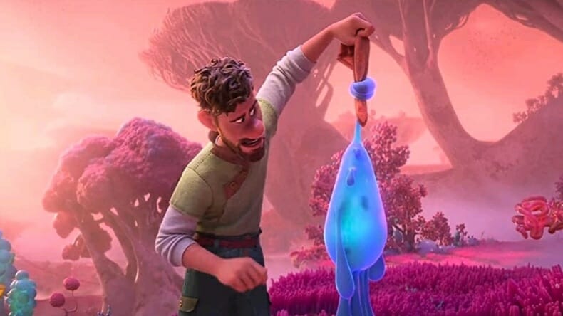 Searcher Clade meets the jelly like blue creature Splat for the first time as he stretches his tentacle arms in STRANGE WORLD directed by Don Hall from Walt Disney Animation.
