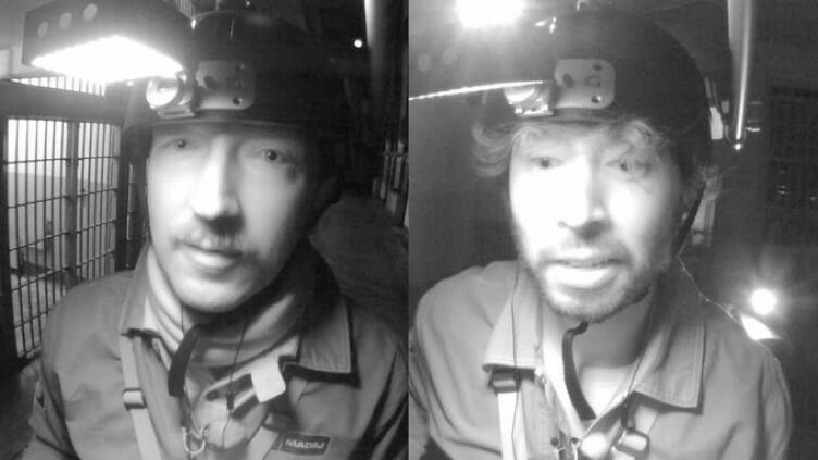 Two close up face shots of Ryan Bergara and Shane Madej as they walk around the haunted Alcatraz prison at night with helmet cameras in their online Watcher series GHOST FILES.