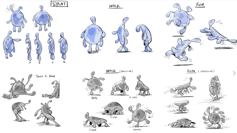 2D hand drawings of Splat from STRANGE WORLD displaying all of the character's abilities and the way it can walk with its tentacles as reference for the Disney animators who worked on the film. 