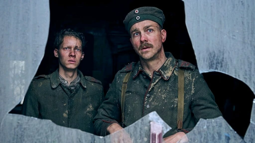 Felix Kammerer and Albrecht Schuch star as German World War I soldiers on the french front lines in the Netflix adaptation of ALL QUIET ON THE WESTERN FRONT.