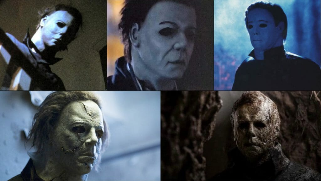 A collage of all the various Michael Myers masks throughout the Halloween Franchise for our ranking worst to best.