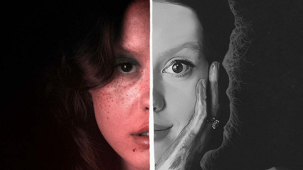 A graphic collage of Mia Goth's characters from the horror films X and PEARL directed by Ti West split together.