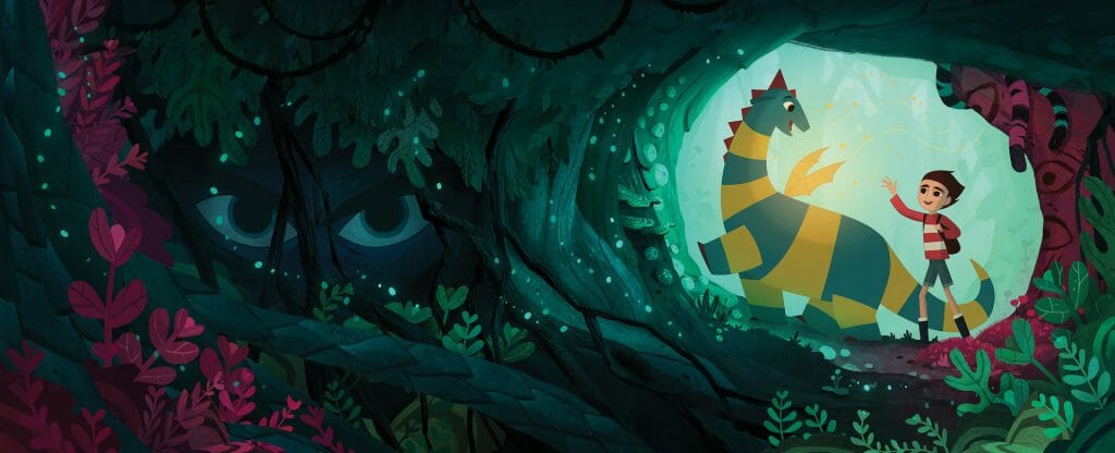 Elmer the young boy and Boris the green and yellow stripped dragon travel across a magical forest with a large pair of mysterious eyes watching them from the trees in MY FATHER'S DRAGON from Cartoon Saloon and Netflix animation. 