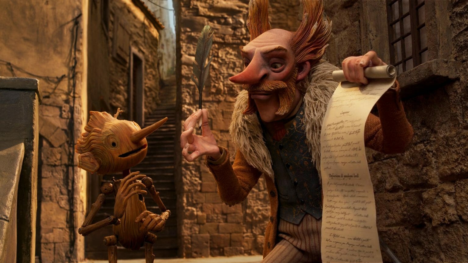 Pinocchio the small wooden boy meets Count Volpe on the streets of fascist Italy and is presented a long contract to sign with an ink feather in the Netflix stop motion animated film GUILLERMO DEL TORO"S PINOCCHIO.