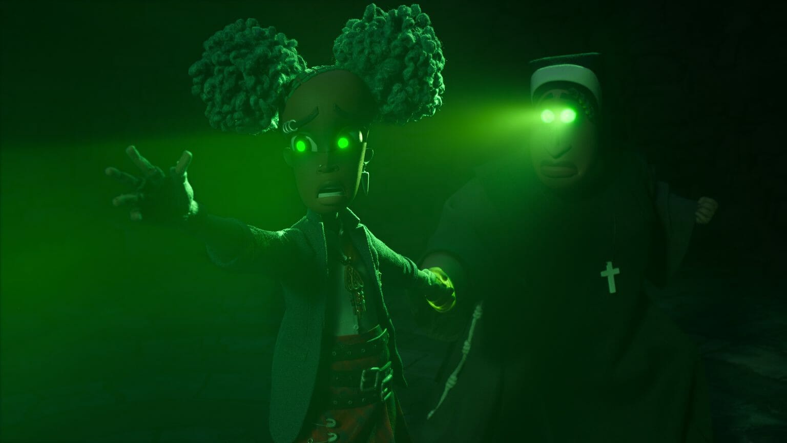 The young goth girl Kat is held back and dragged away by a nun in a boarding school while they both shoot green beams from their eyes in WENDELL & WILD coming to Netflix in October 2022.
