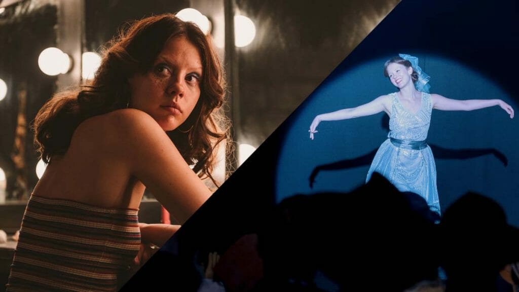 A dual collage of Mia Goth getting ready backstage in X and her performing on stage in the spotlight in PEARL from director Ti West.