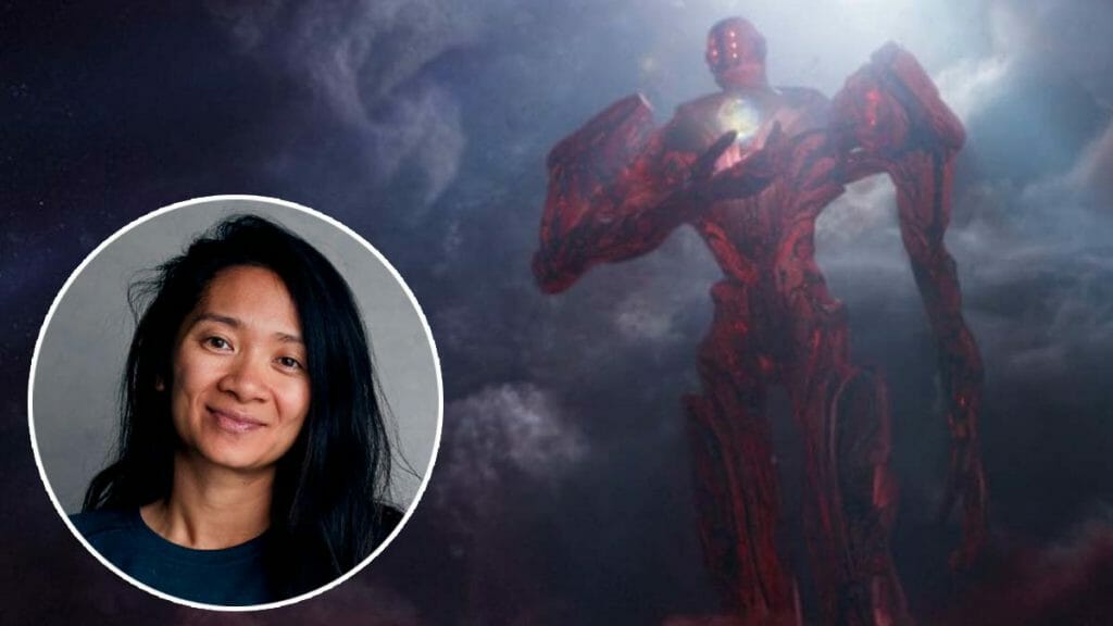A headshot of filmmaker Chloé Zhao next to Arishem the giant judge Celestial in cosmic space from her Marvel Cinematic Universe film ETERNALS.