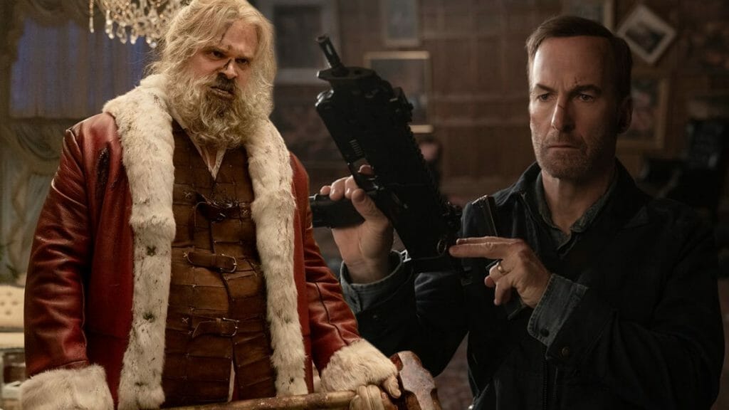 A split collage between David Harbour as a beaten up Santa Claus in VIOLENT NIGHT and Bob Odenkirk as an old hit man loading his weapons in NOBODY, both films from 87North Productions.