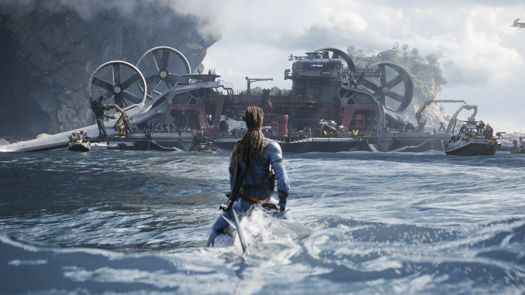 Jake Sully slowly approaches the sky people's giant Tulkun hunting ship by himself on a skimwing on the water in the final epic battle of AVATAR: THE WAY OF WATER.