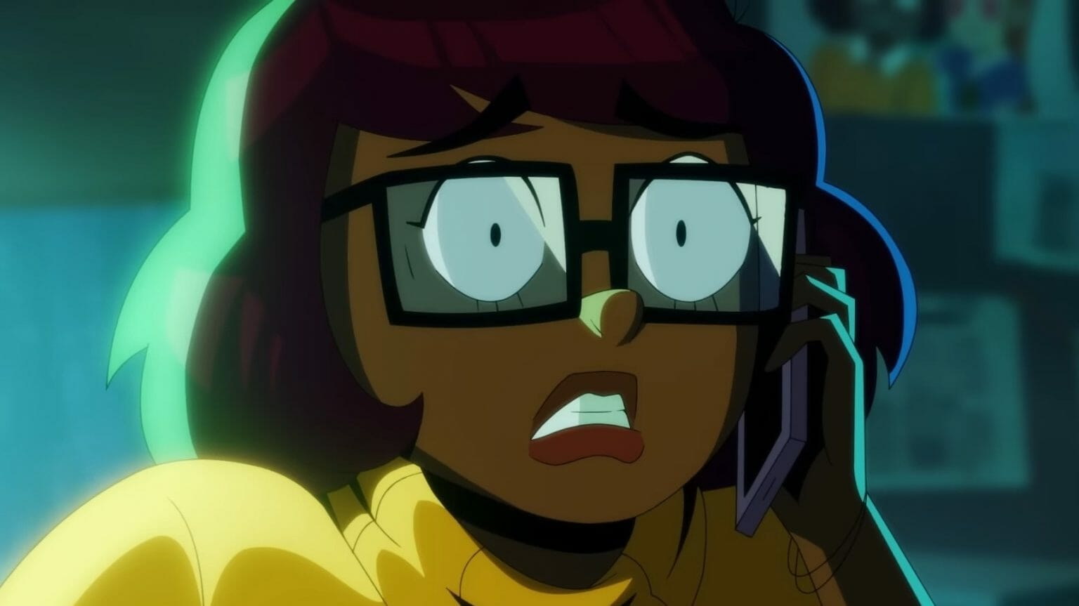 Velma Dinkley as voiced by Mindy Kaling shrieks in terror in the HBO Max animated origin story prequel series VELMA.