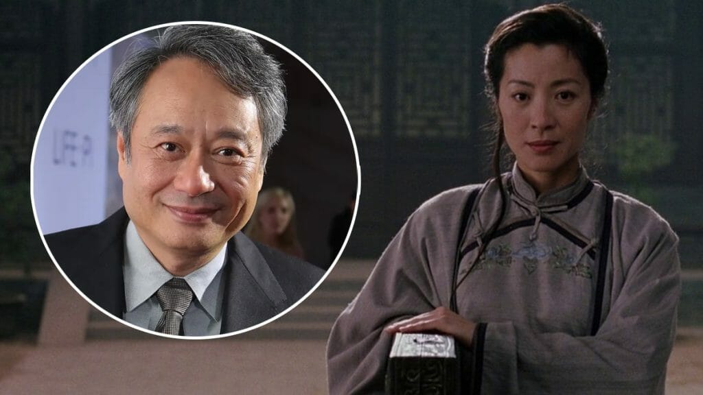 A graphic of director Ang Lee next to the warrior Yu Shu Lien played by Michelle Yeoh from his Wuxia martial arts film CROUCHING TIGER, HIDDEN DRAGON.