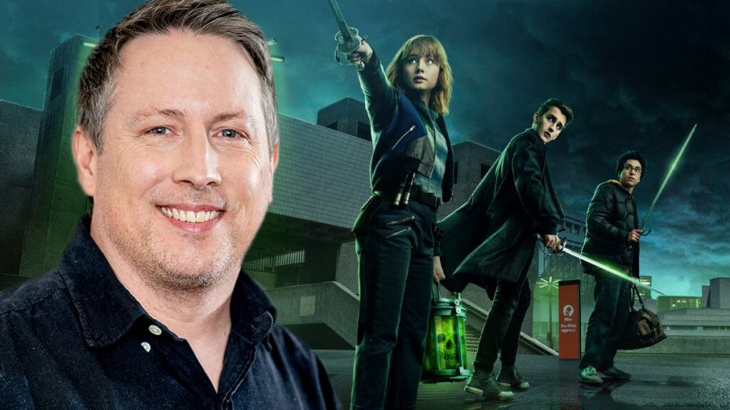 A graphic collage of director and writer Joe Cornish next to the 3 main characters Lucy, Anthony, and George from the Netflix YA supernatural mystery series LOCKWOOD & CO.