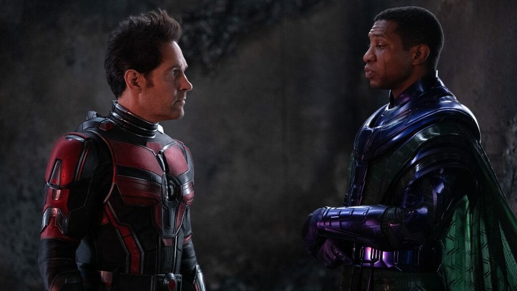 Scott Lang played by Paul Rudd and Kang the Conqueror played by Jonathan Majors face off in Marvel Studios ANT-MAN AND THE WASP: QUANTUMANIA.
