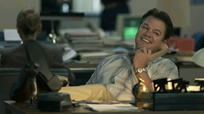 Matt Damon stars as marketing executive Sonny Vaccaro laying back at his desk at Nike headquarters in the movie AIR from Amazon Studios.  