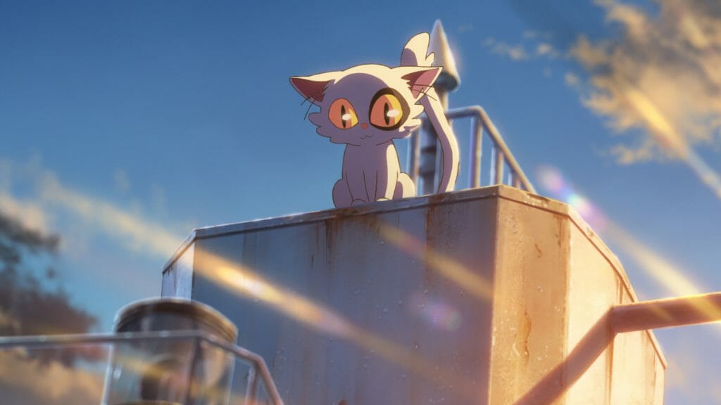 The small white kitten cat Daijin god voiced by Ann Yamane appears in the new anime film SUZUME from writer and director Makoto Shinkai.