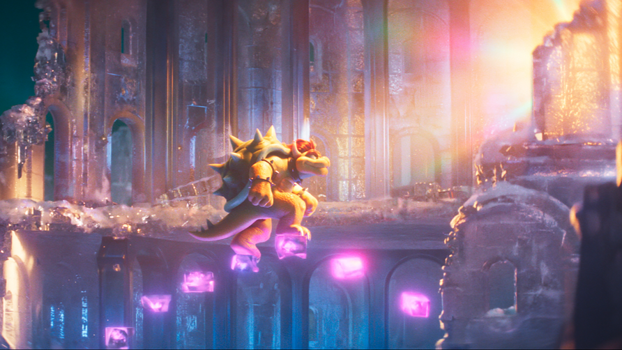 Bowser voiced by Jack Black walks up purple floating magical steps to steal the Super Star from the Snow Kingdom in THE SUPER MARIO BROS. MOVIE from Nintendo and Illumination. 