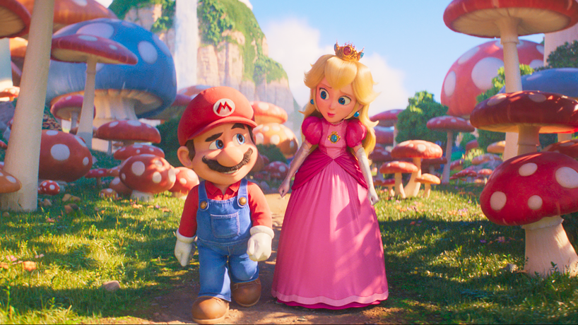Mario voiced by Chris Pratt and Princess Peach voiced by Anya Taylor-Joy take a stroll through the Mushroom Kingdom forest in THE SUPER MARIO BROS. MOVIE from Illumination and Universal Pictures.
