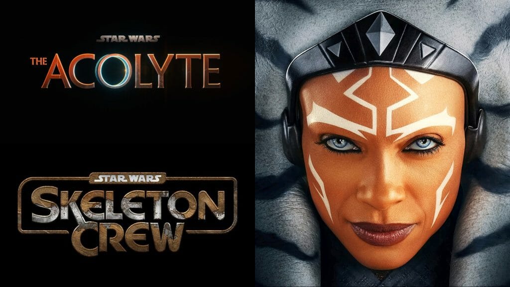 The new poster for the AHSOKA Disney+ series with Rosario Dawson's face as Ahoska Tano next to the new official logos for THE ACOLYTE and STAR WARS: SKELETON CREW revealed at Star Wars Celebration Europe 2023.