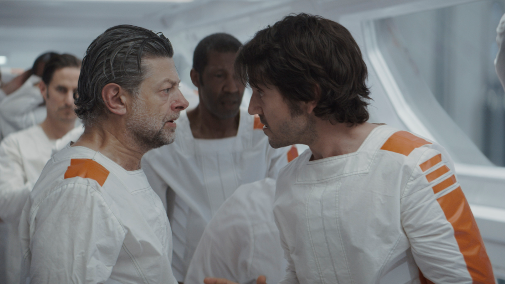 An image of Andy Serkis as Kino Loy and Diego Luna as Cassian Andor as they plan to escape a labor camp in their white and orange prison uniforms for our full list of every Star Wars TV show ranked worst to best. 