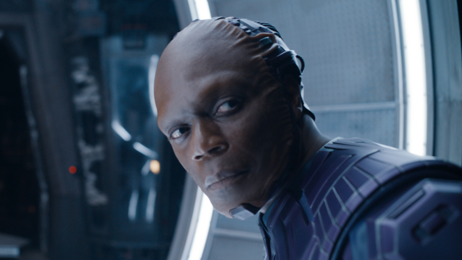 Chukwudi Iwuji in full costume and makeup as the evil High Evolutionary in GUARDIANS OF THE GALAXY VOL. 3
