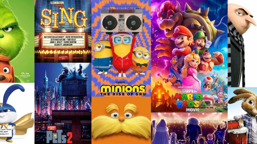 A collage of all Illumination films and franchises, including DESPICABLE ME, MINIONS, THE SECRET LIFE OF PETS, SING, THE SUPER MARIO BROS. MOVIE, HOP, THE GRINCH, and THE LORAX, for our ranked list worst to best.