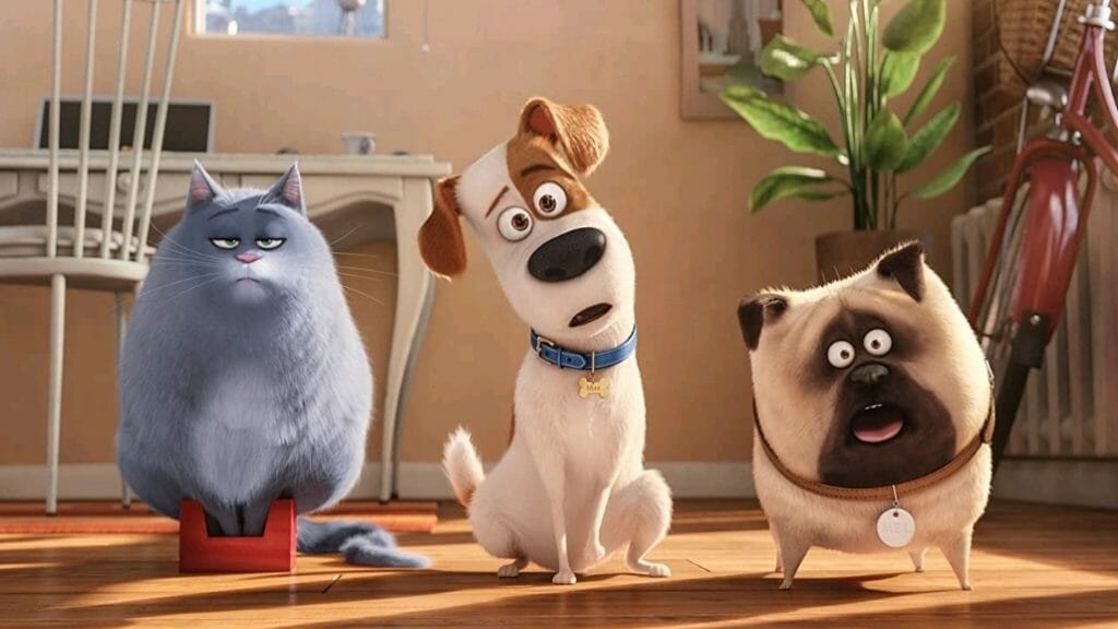 Chloe the gray tabby cat, Max the Jack Russell Terrier, and Mel the pug pose together in the animated Illumination film THE SECRET LIFE OF PETS.